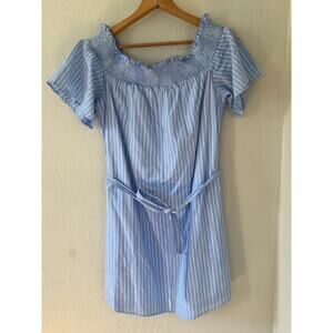 Women's Express Blue White Striped Off the Shoulder Dress with Belt Size M